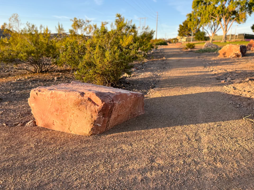 A dirt path with large rocks and bushes on either side, under a clear blue sky.