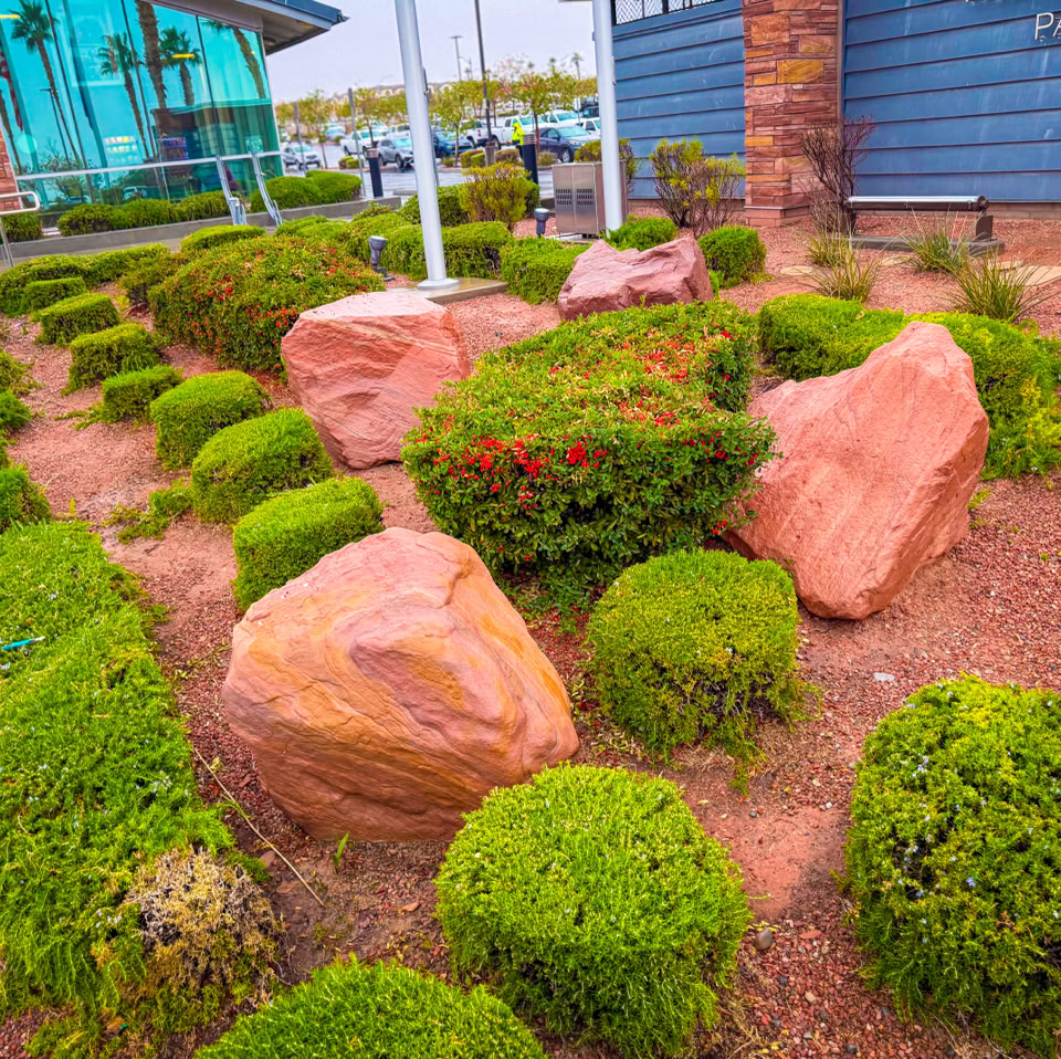 Landscaped garden with neatly trimmed green bushes and large reddish rocks, adjacent to a building with glass windows.