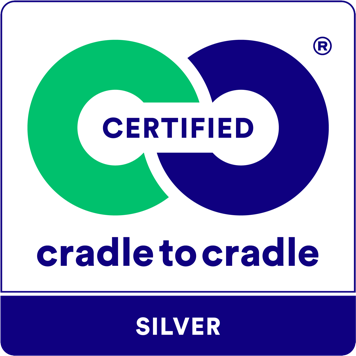 Cradles of cradle, logo, green blue inside of an infinity symbol with a white background word, say certified cradle to cradle silver